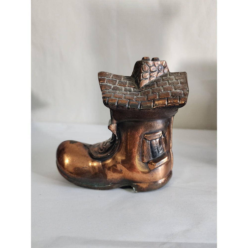 Vintage Copper Tone Metal Old Woman in a Shoe House Coin Bank Whimsical Decor
